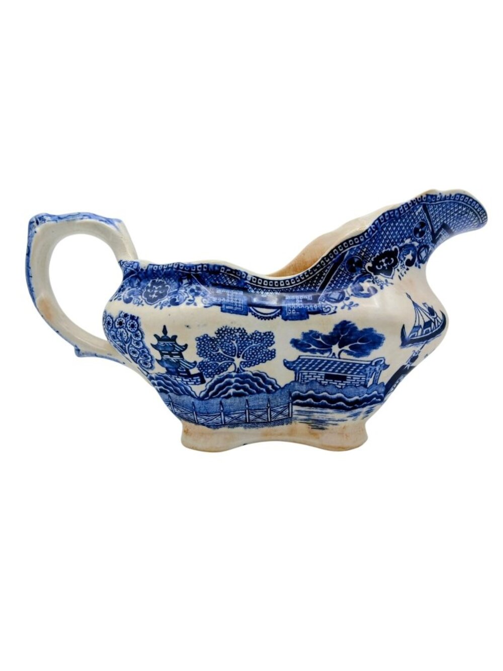Antique Buffalo Pottery Blue Willow Semi Vitreous Gravy Boat Transferware 8”